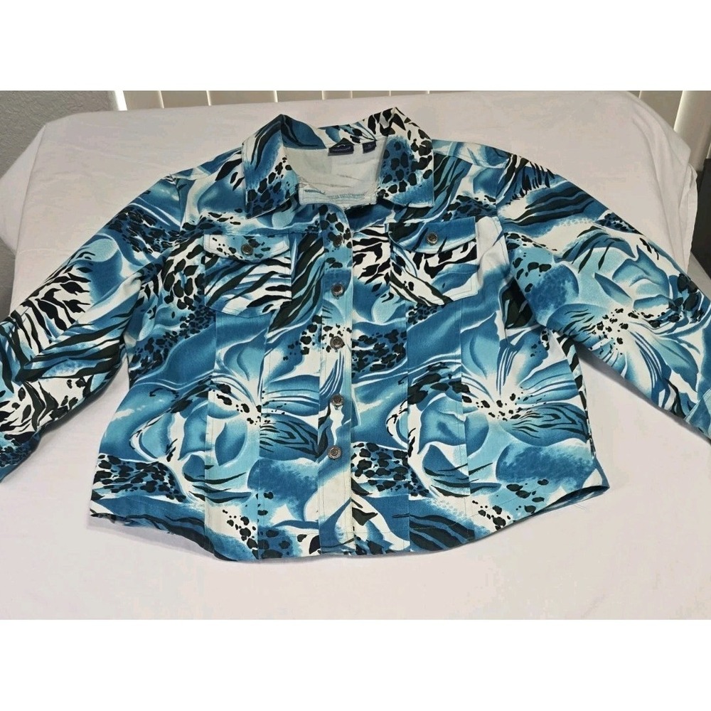 Westbound Women's XL Denim Jacket Button-Down 3/4 Sleeves‎ Blue/Black/White